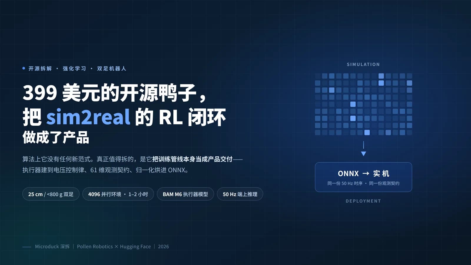 Microduck 深拆：399 美元的开源鸭子，把 sim2real 的 RL 闭环做成了产品